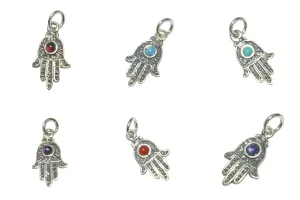 925 Sterling Silver Small Gemstone Hamsa Fatima Hand Charm Pendant. Light Blue Opal, White Opal, Turquoise, Garnet, Amethyst, Blue Agate, Carnelian