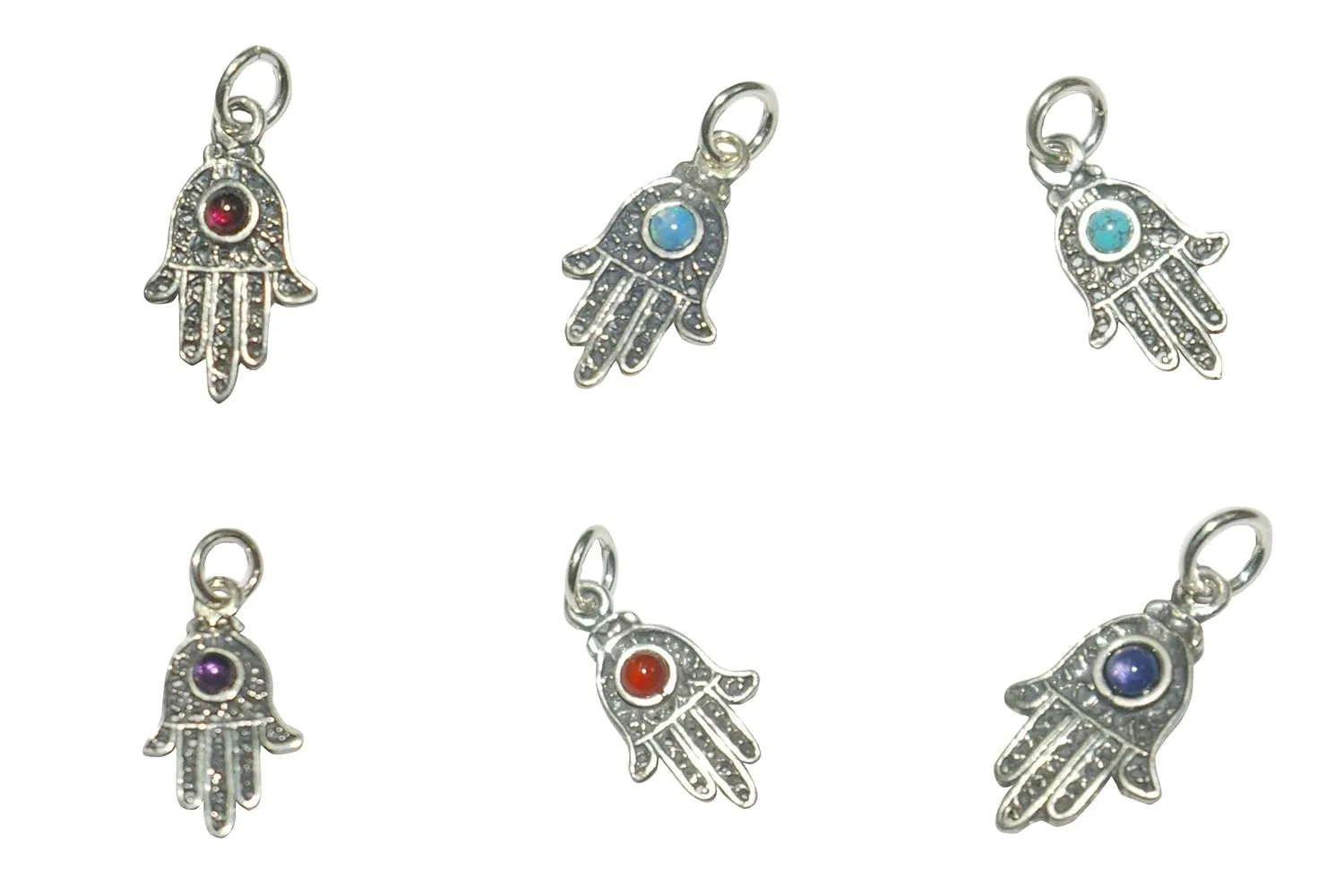 925 Sterling Silver Small Gemstone Hamsa Fatima Hand Charm Pendant. Light Blue Opal, White Opal, Turquoise, Garnet, Amethyst, Blue Agate, Carnelian