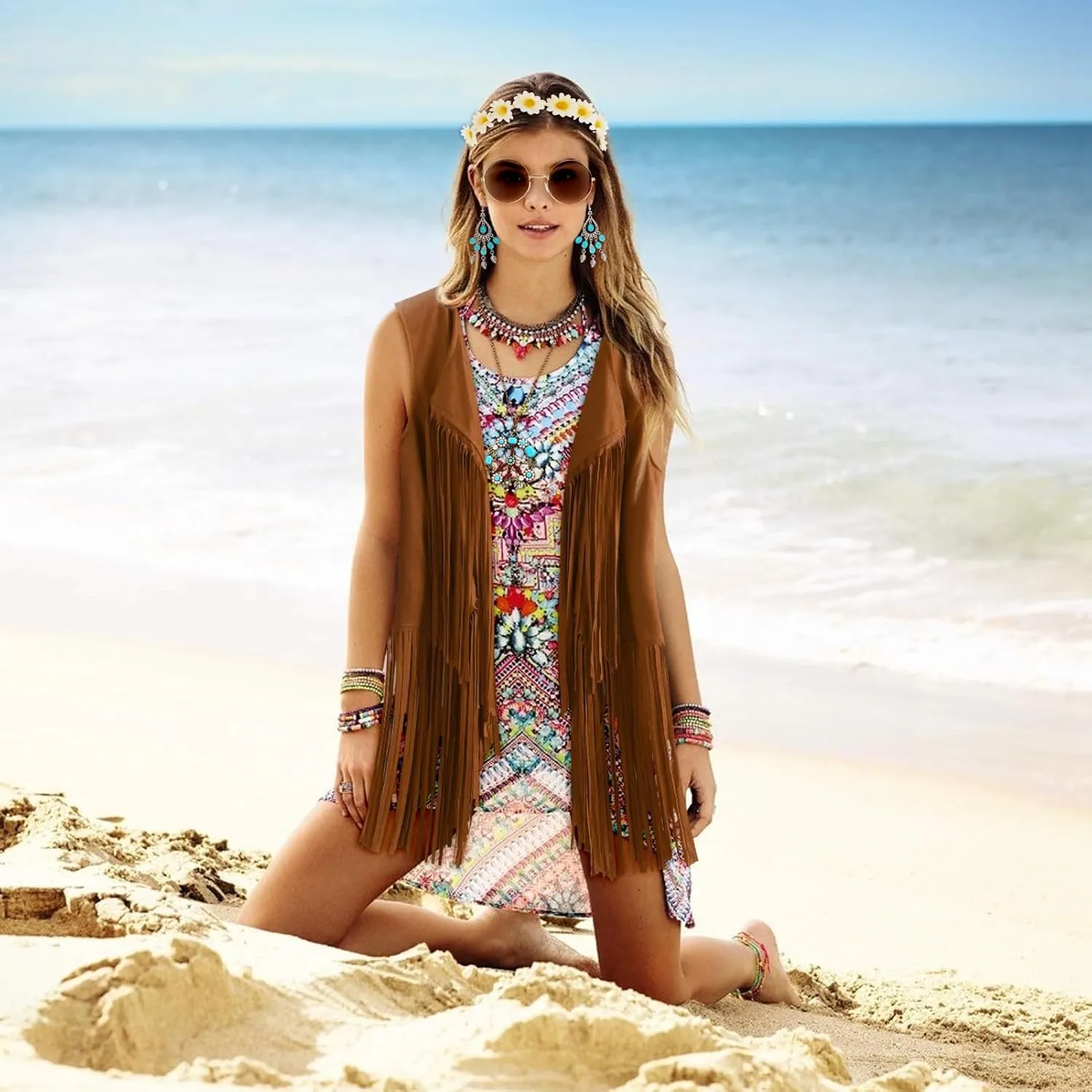 ACTLATI 60s 70s Outfits for Women Hippie Costume Set Halloween Fringe Vest Peace Sign Necklace Headband Sunglasses Earring
