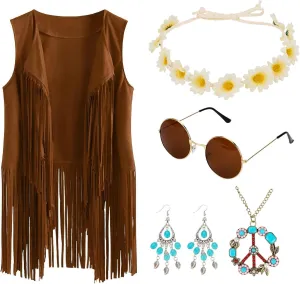 ACTLATI 60s 70s Outfits for Women Hippie Costume Set Halloween Fringe Vest Peace Sign Necklace Headband Sunglasses Earring