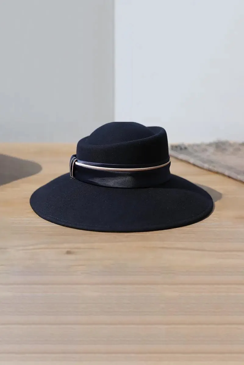 Adjustable Wide Brim Wool Felt Fedora Hat with Ribbon