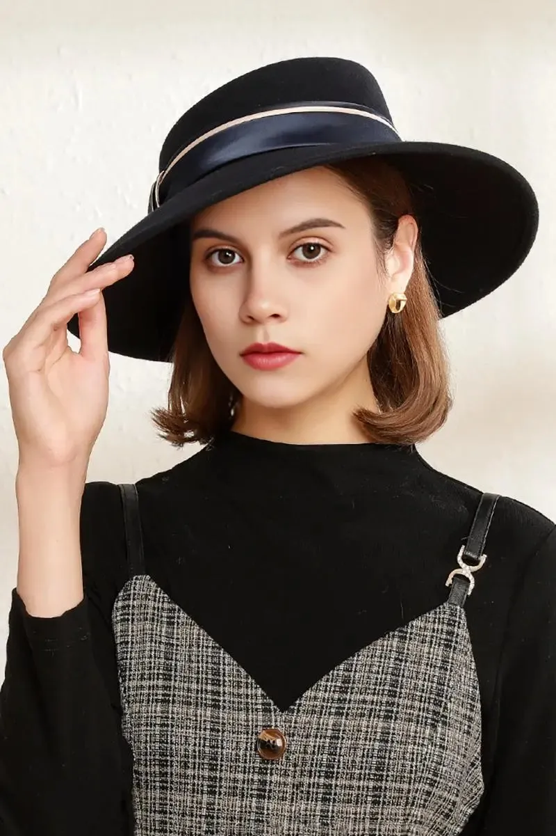 Adjustable Wide Brim Wool Felt Fedora Hat with Ribbon