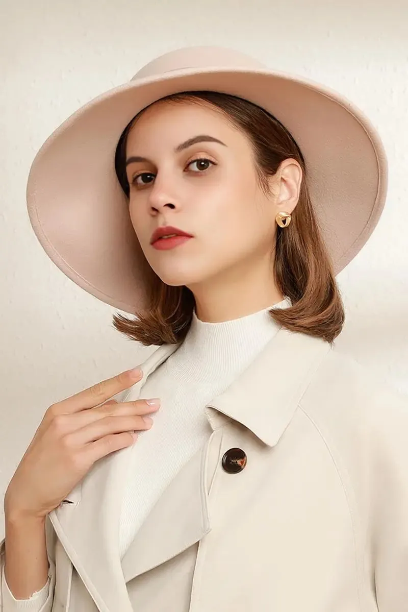 Adjustable Wide Brim Wool Felt Fedora Hat with Ribbon