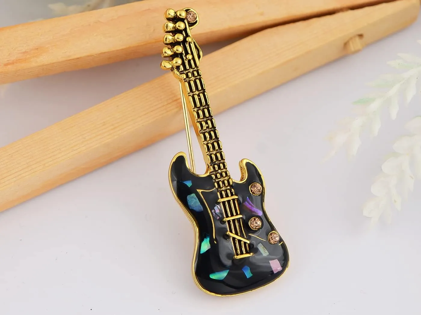 Alilang Golden Tone Clear Crystal Colored Rhinestones Acoustic Guitar Brooch Pin