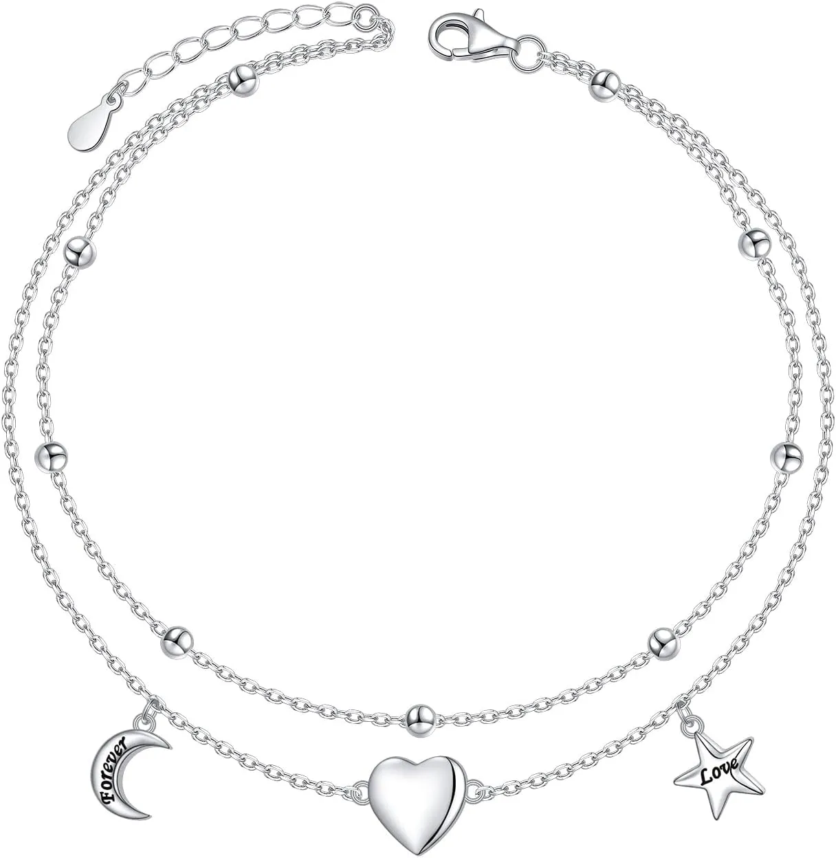 Anklet for Women Sterling Silver Dainty Bead Heart Infinity Star Letter Initial Boho Adjuatable Foot Ankle Bracelet for Women