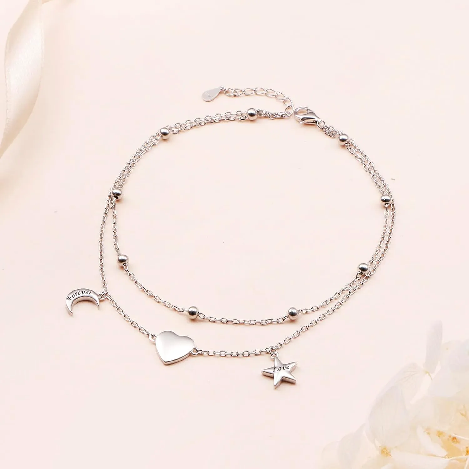 Anklet for Women Sterling Silver Dainty Bead Heart Infinity Star Letter Initial Boho Adjuatable Foot Ankle Bracelet for Women