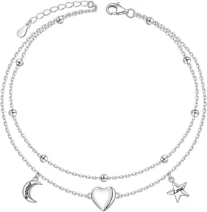 Anklet for Women Sterling Silver Dainty Bead Heart Infinity Star Letter Initial Boho Adjuatable Foot Ankle Bracelet for Women