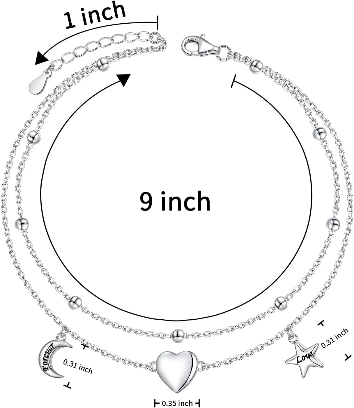 Anklet for Women Sterling Silver Dainty Bead Heart Infinity Star Letter Initial Boho Adjuatable Foot Ankle Bracelet for Women