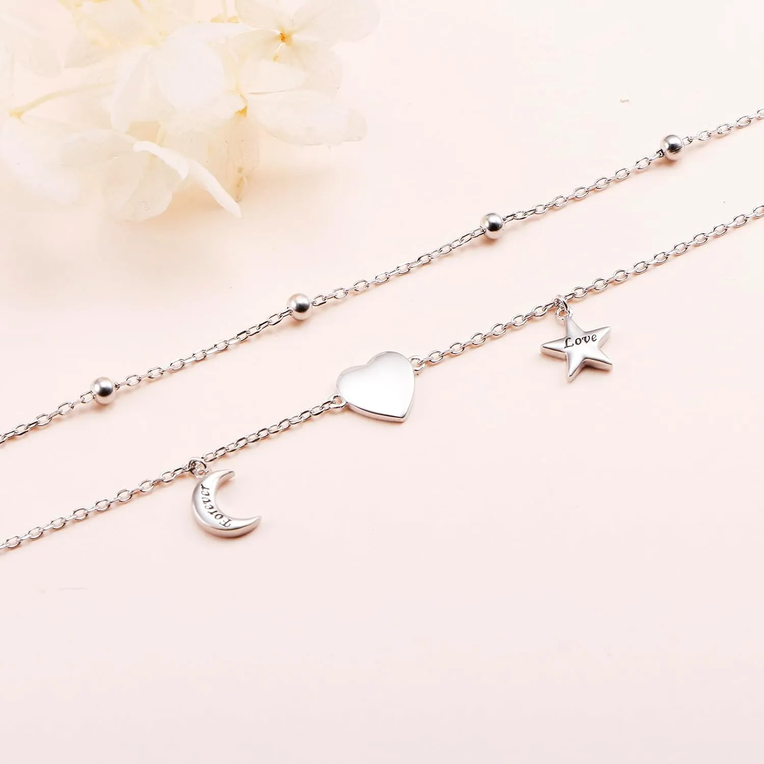 Anklet for Women Sterling Silver Dainty Bead Heart Infinity Star Letter Initial Boho Adjuatable Foot Ankle Bracelet for Women