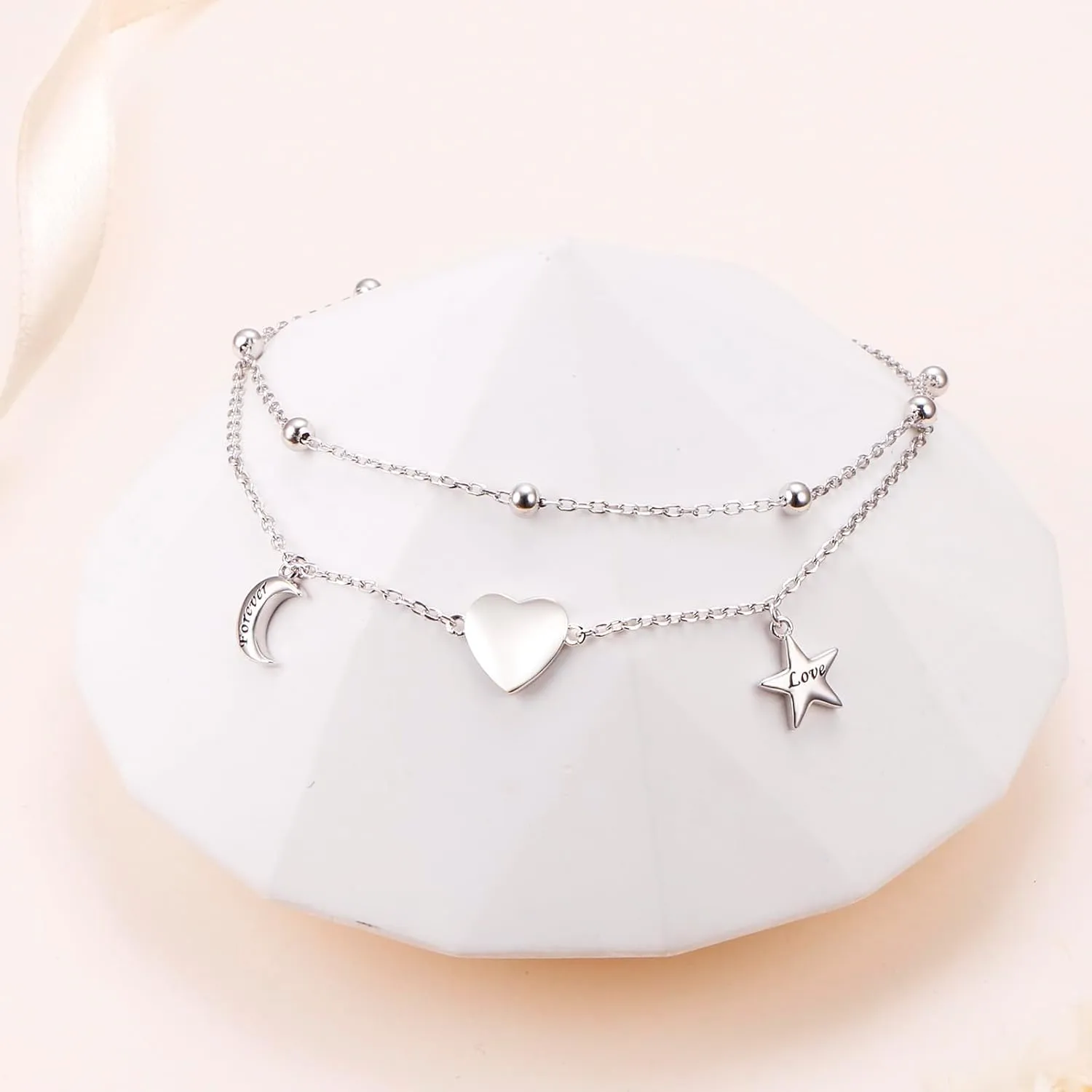 Anklet for Women Sterling Silver Dainty Bead Heart Infinity Star Letter Initial Boho Adjuatable Foot Ankle Bracelet for Women