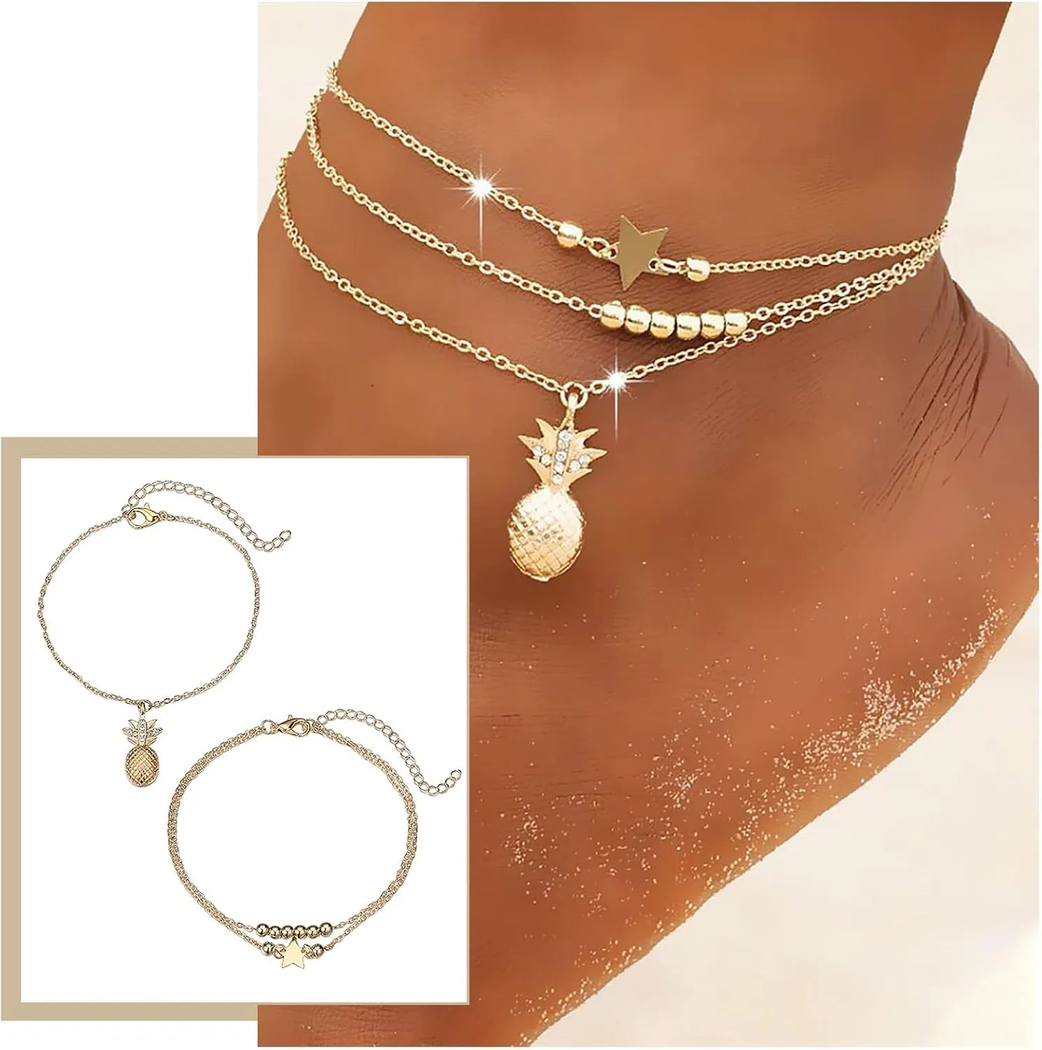 Anklets for Women, Plated Ankle Bracelets Trendy Waterproof Boho Anklets Set Adjustable Dainty Cute Diamond Beaded Heart Summer Beach Jewelry for Teen Girls