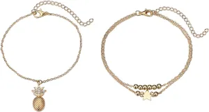 Anklets for Women, Plated Ankle Bracelets Trendy Waterproof Boho Anklets Set Adjustable Dainty Cute Diamond Beaded Heart Summer Beach Jewelry for Teen Girls