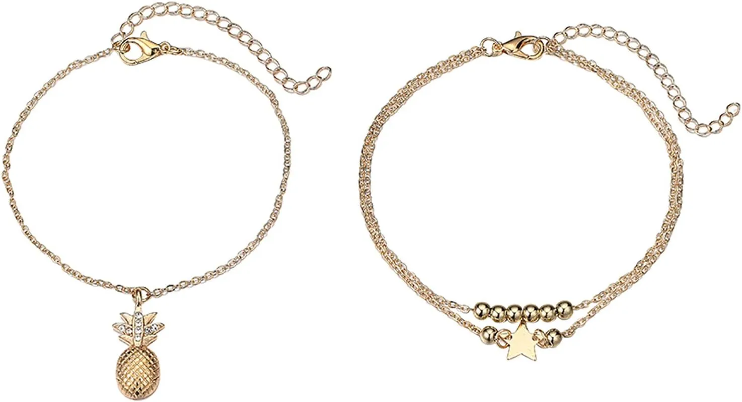 Anklets for Women, Plated Ankle Bracelets Trendy Waterproof Boho Anklets Set Adjustable Dainty Cute Diamond Beaded Heart Summer Beach Jewelry for Teen Girls