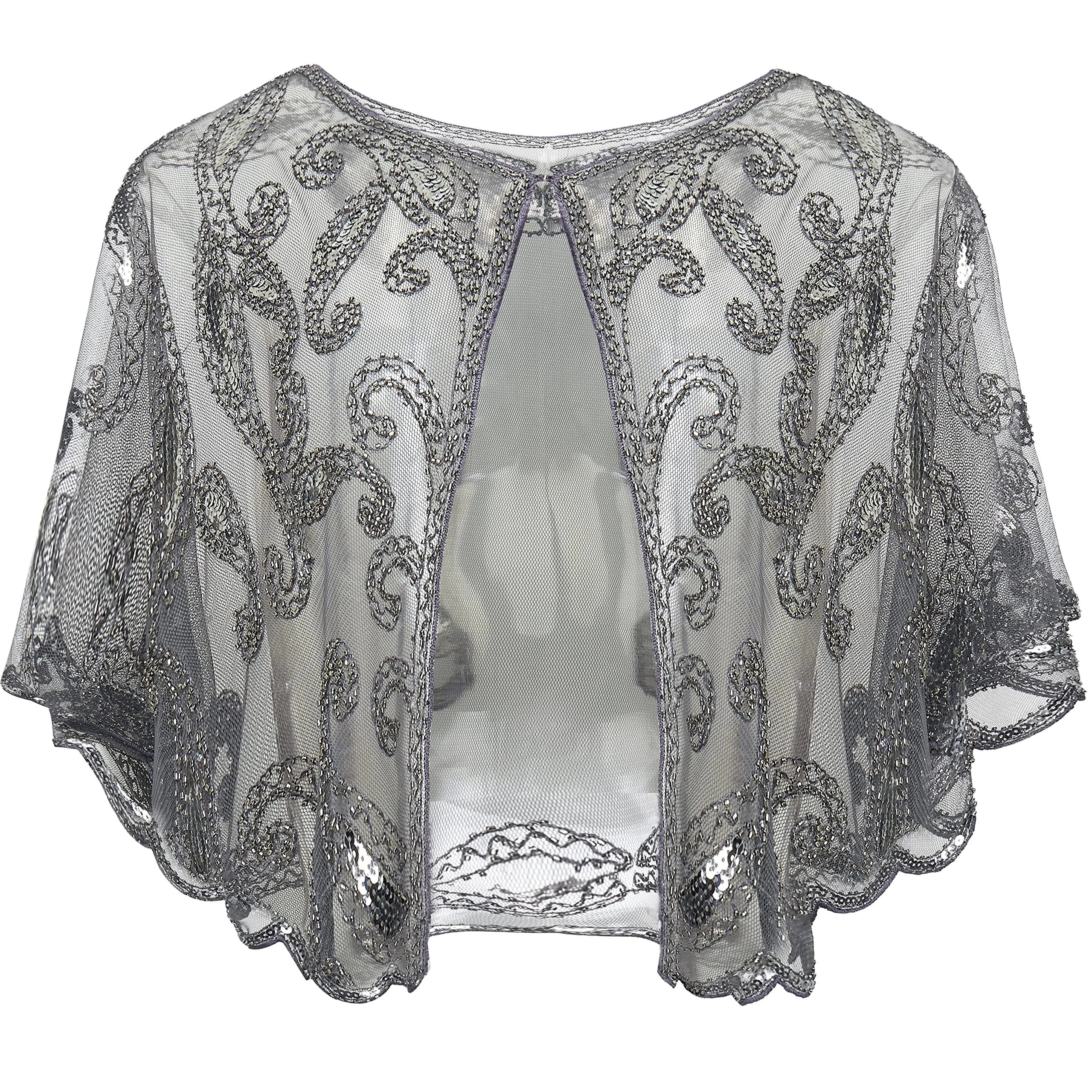 ArtiDeco Women's 1920s Shawl Sequin Beaded Art Deco Evening Cape Vintage Shawl Wraps (Gray)(Size: Free)