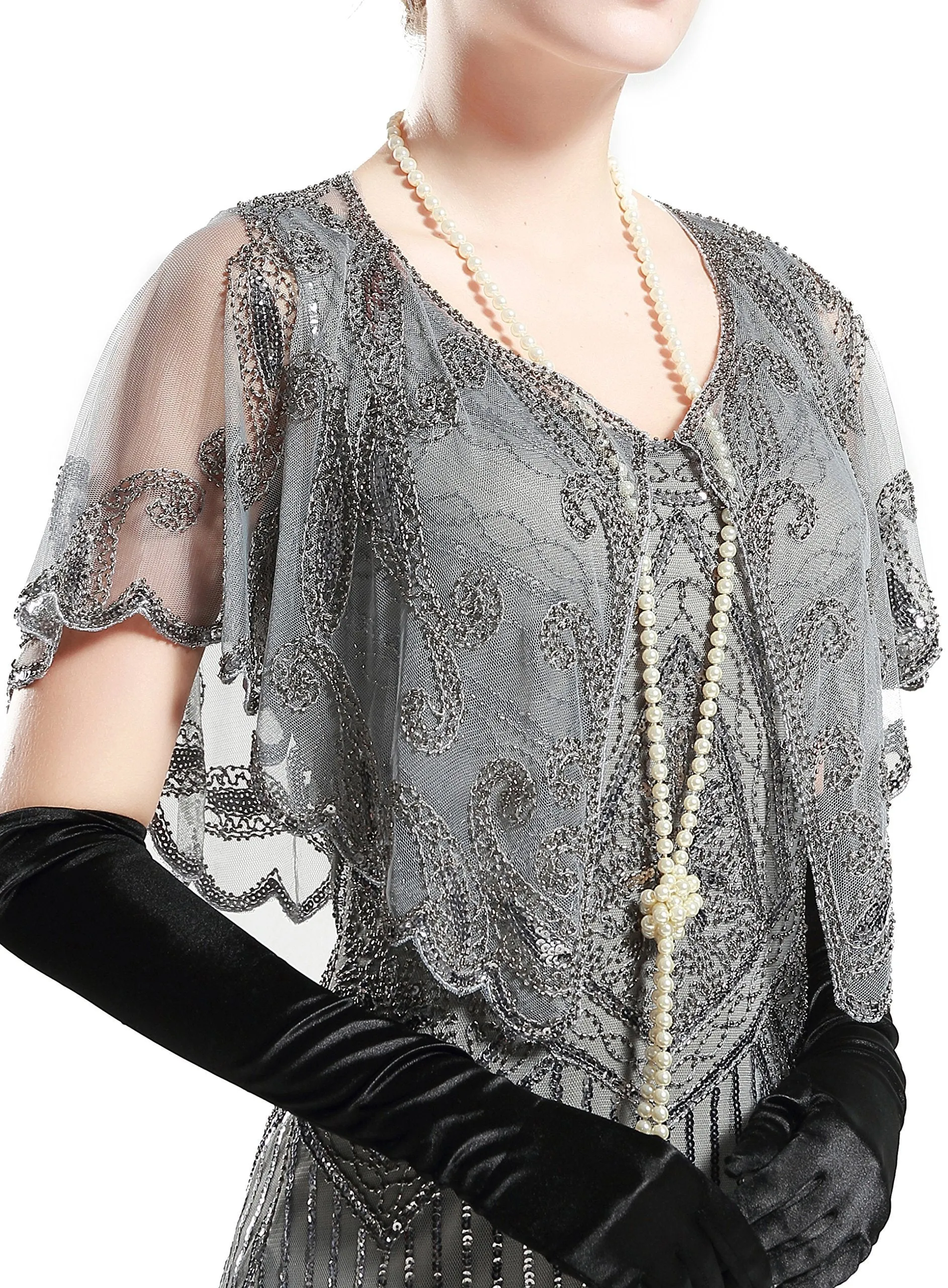 ArtiDeco Women's 1920s Shawl Sequin Beaded Art Deco Evening Cape Vintage Shawl Wraps (Gray)(Size: Free)