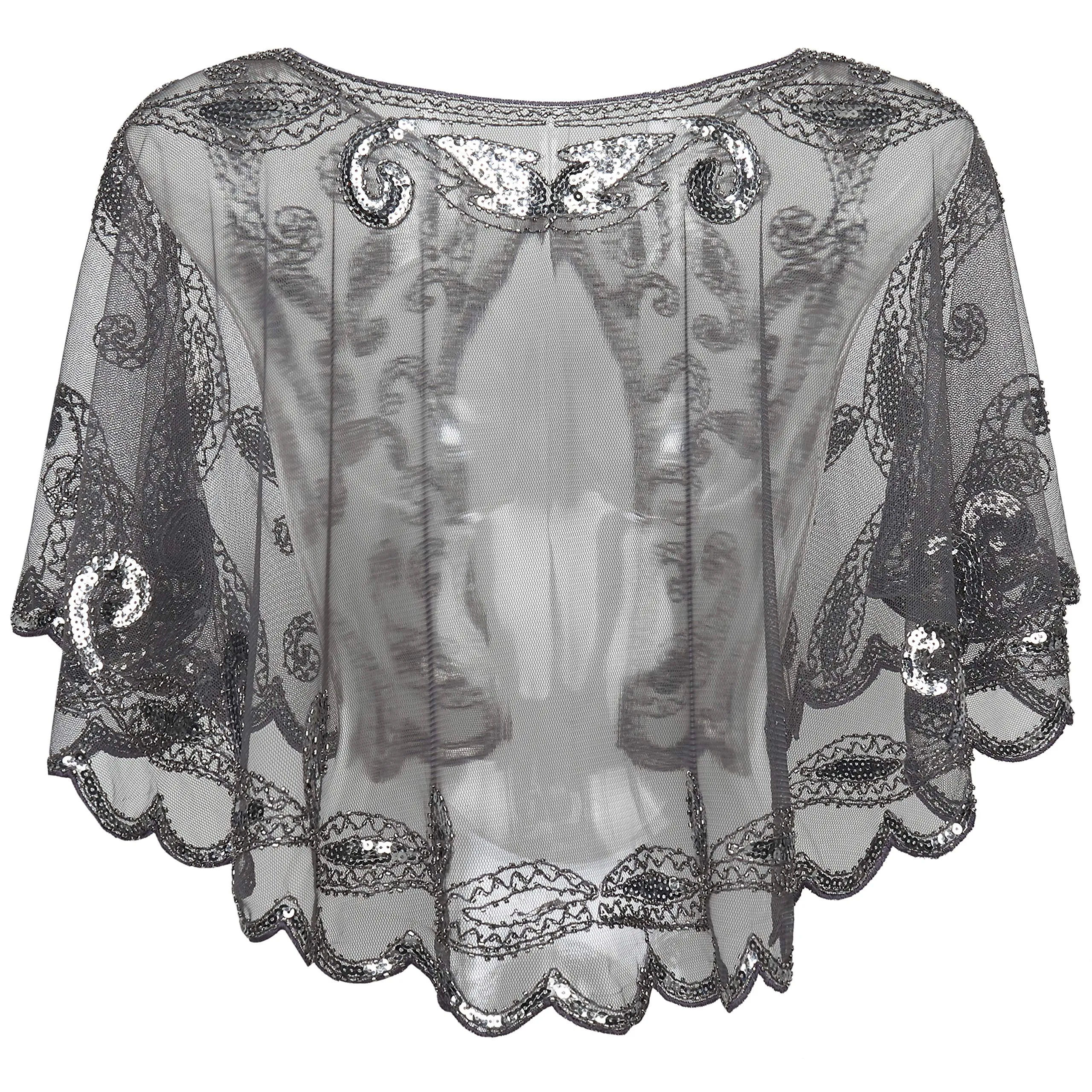 ArtiDeco Women's 1920s Shawl Sequin Beaded Art Deco Evening Cape Vintage Shawl Wraps (Gray)(Size: Free)