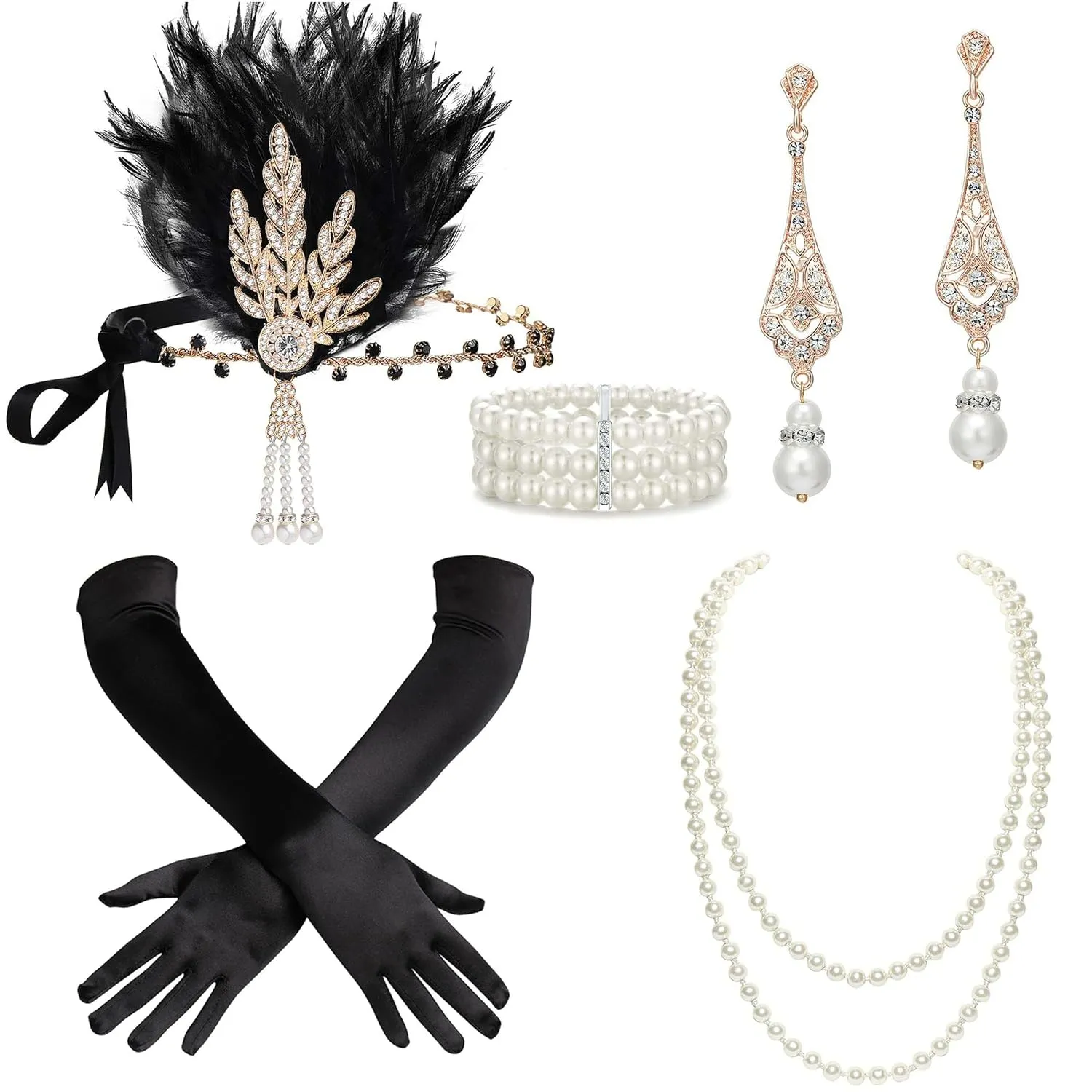 BABEYOND 1920s Accessories for Women - Great Gatsby Accessories Flapper Headband Headpiece Pearl Necklace Gloves for Women