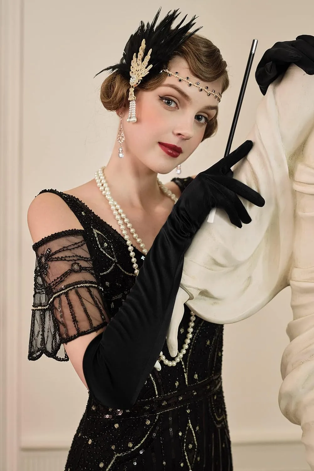 BABEYOND 1920s Accessories for Women - Great Gatsby Accessories Flapper Headband Headpiece Pearl Necklace Gloves for Women
