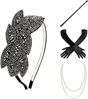 BABEYOND 1920s Flapper Accessories Gatsby Costume Accessories Set 20s Flapper Headband Pearl Necklace Gloves Plastic Holder
