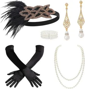 BABEYOND 1920s Flapper Accessories Great Gatsby Costume Accessories 20s Flapper Headband Pearl Necklace Gloves Plastic Holder
