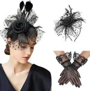 BABEYOND Tea Party Hat and Gloves Set for Women Pillbox Veil Fascinator Hat Lace Gloves Pearl Necklace Earring