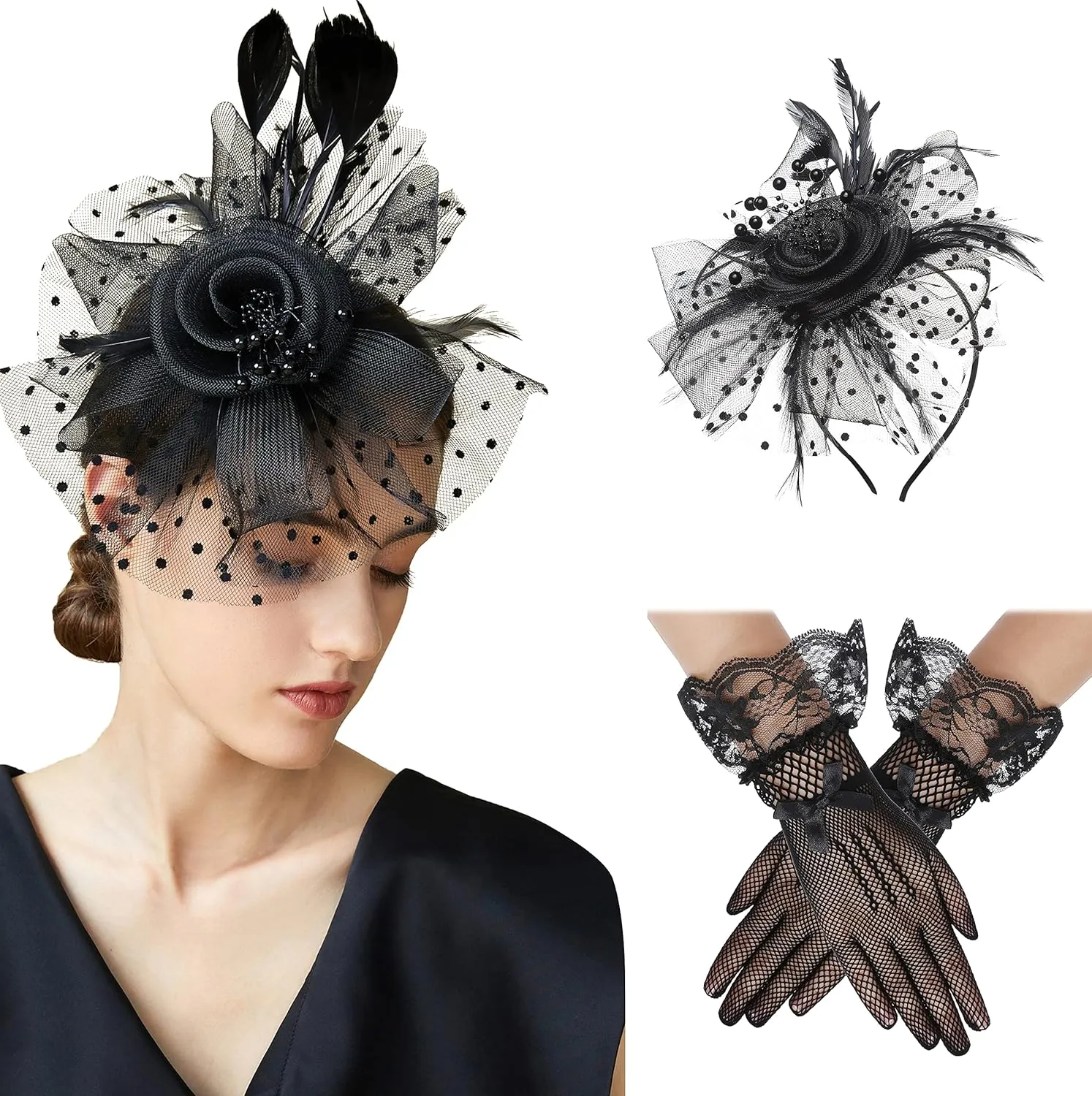BABEYOND Tea Party Hat and Gloves Set for Women Pillbox Veil Fascinator Hat Lace Gloves Pearl Necklace Earring