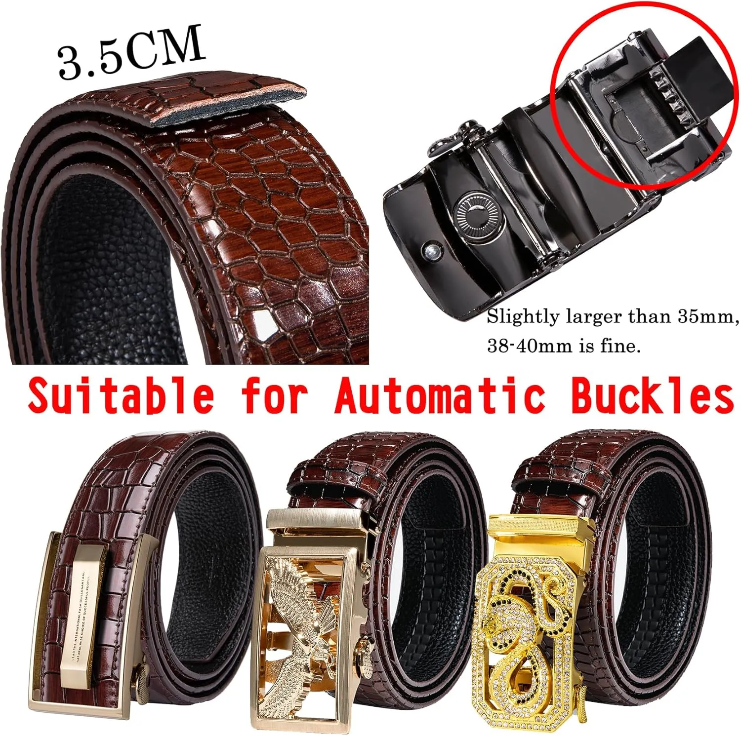 Barry.Wang Black Belt Men Genuine Leather Ratchet Automatic Buckle Belts 1 3/8" Strap Wedding Business Party Trim to Fit