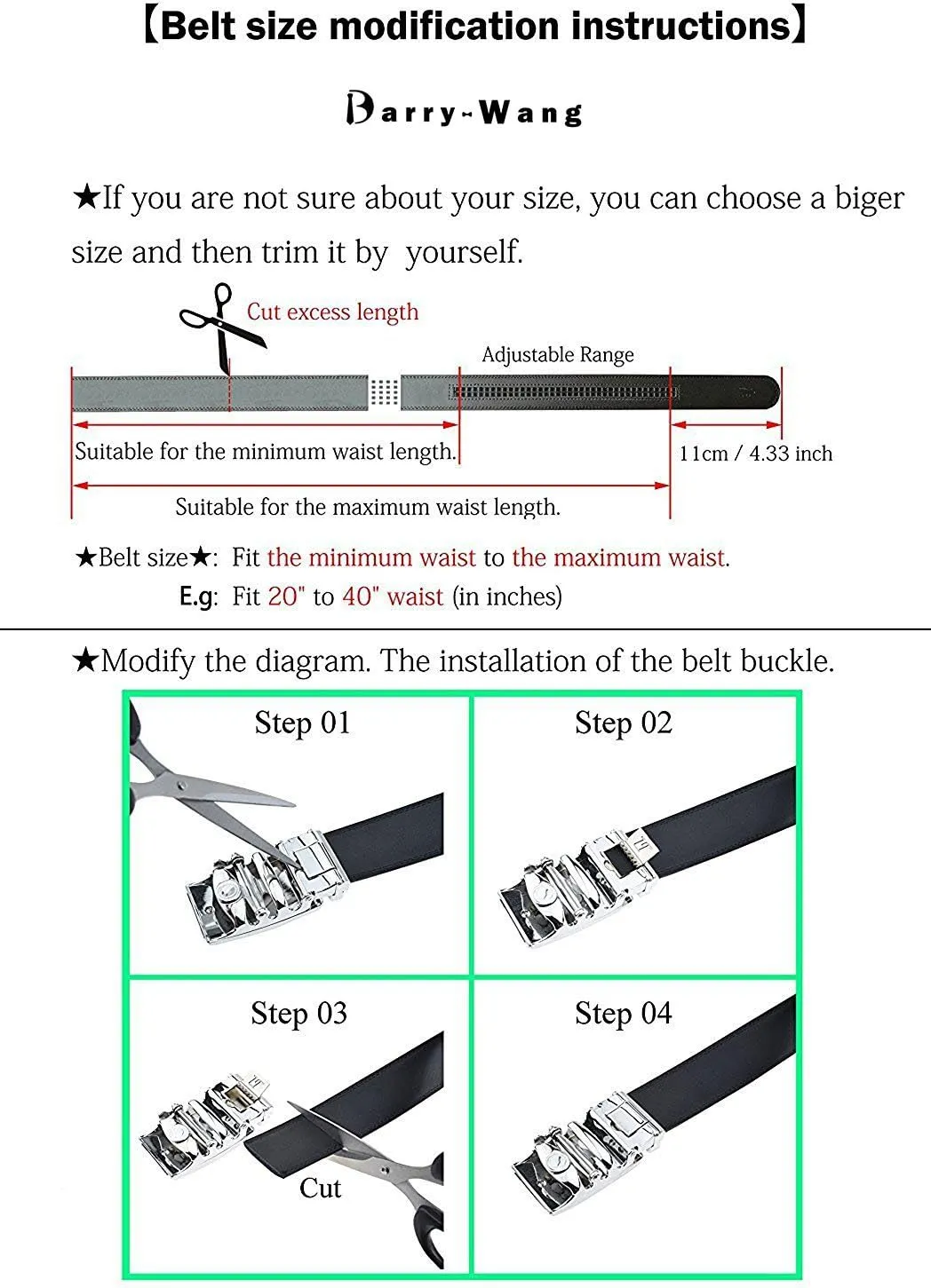 Barry.Wang Black Belt Men Genuine Leather Ratchet Automatic Buckle Belts 1 3/8" Strap Wedding Business Party Trim to Fit