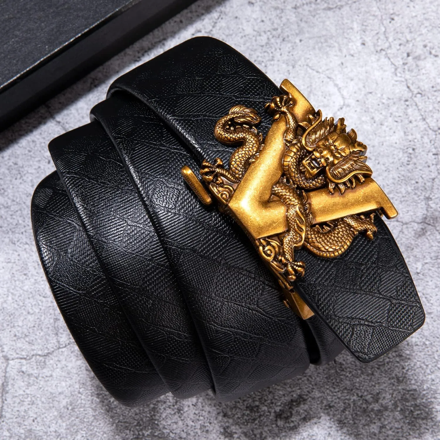 Barry.Wang Black Belt Men Genuine Leather Ratchet Automatic Buckle Belts 1 3/8" Strap Wedding Business Party Trim to Fit