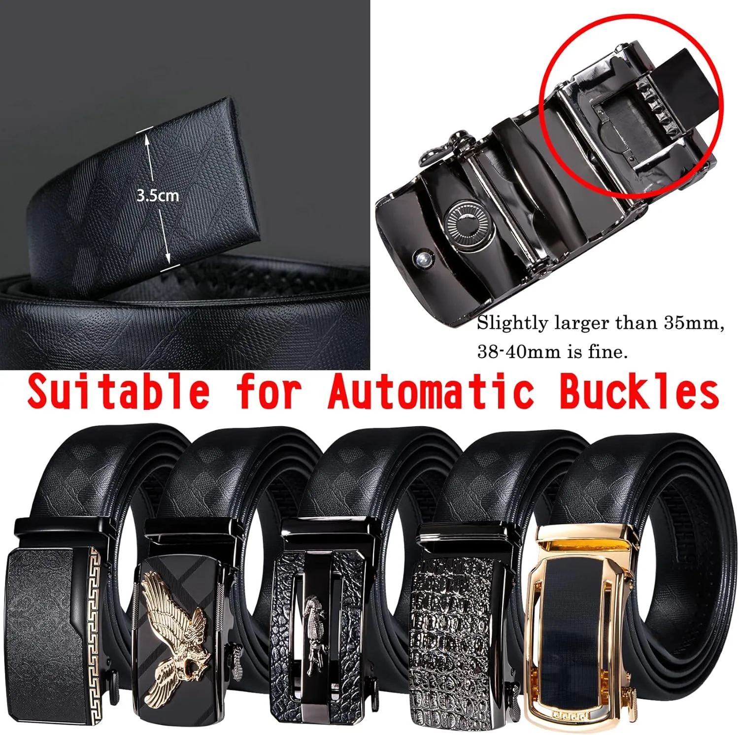 Barry.Wang Black Belt Men Genuine Leather Ratchet Automatic Buckle Belts 1 3/8" Strap Wedding Business Party Trim to Fit