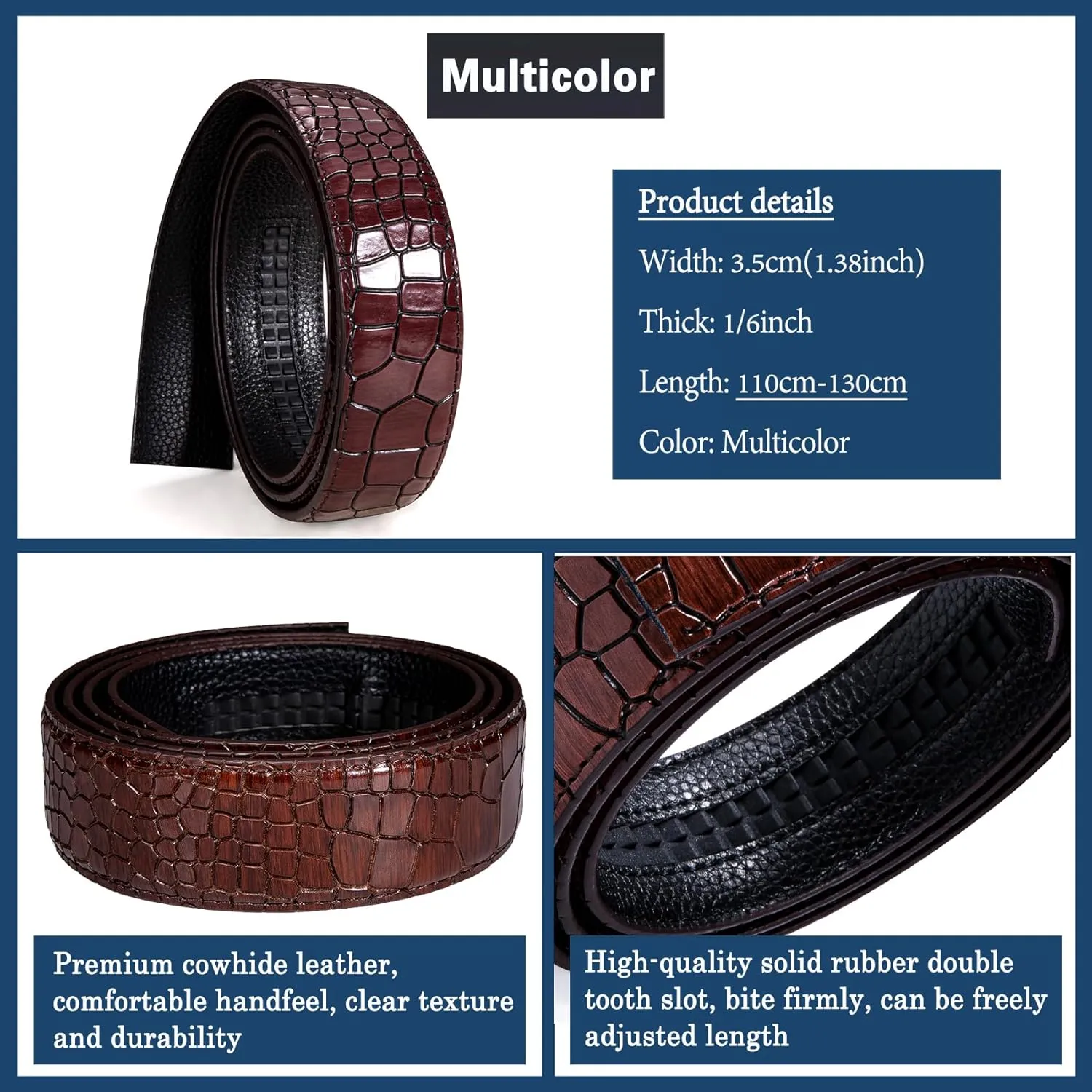 Barry.Wang Black Belt Men Genuine Leather Ratchet Automatic Buckle Belts 1 3/8" Strap Wedding Business Party Trim to Fit