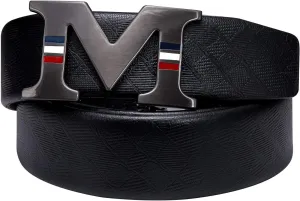 Barry.Wang Black Belt Men Genuine Leather Ratchet Automatic Buckle Belts 1 3/8" Strap Wedding Business Party Trim to Fit