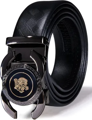 Barry.Wang Black Belt Men Genuine Leather Ratchet Automatic Buckle Belts 1 3/8" Strap Wedding Business Party Trim to Fit
