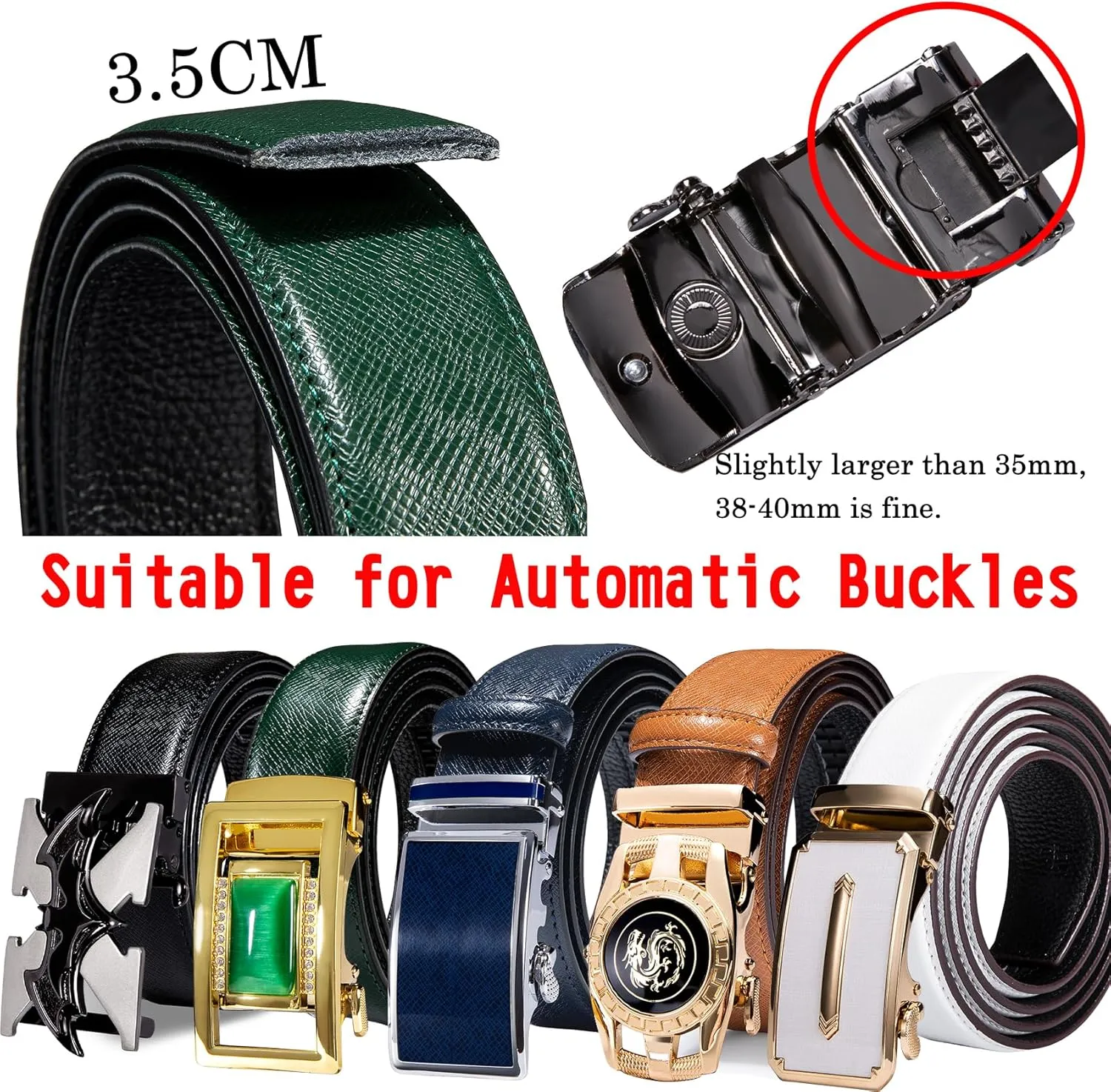 Barry.Wang Black Belt Men Genuine Leather Ratchet Automatic Buckle Belts 1 3/8" Strap Wedding Business Party Trim to Fit