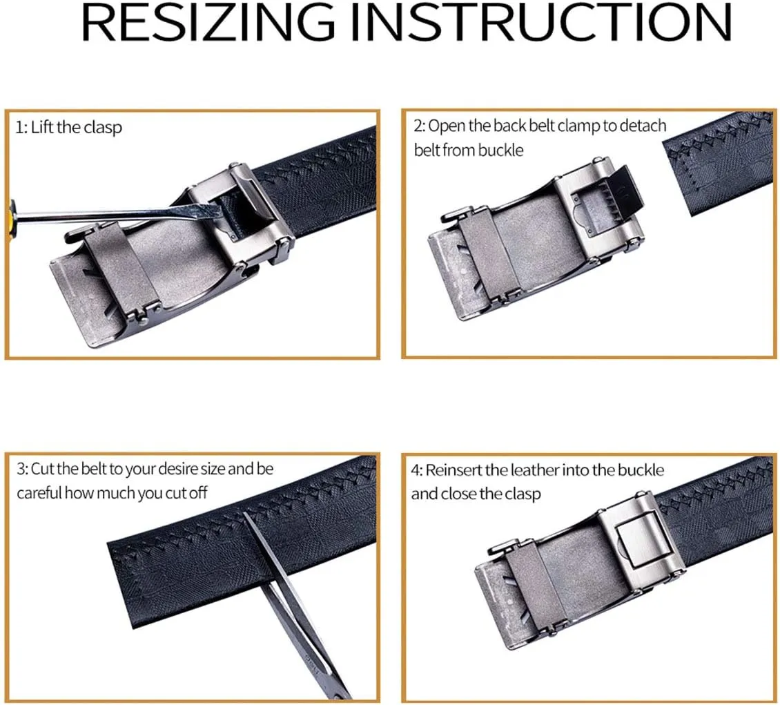 Barry.Wang Black Belt Men Genuine Leather Ratchet Automatic Buckle Belts 1 3/8" Strap Wedding Business Party Trim to Fit