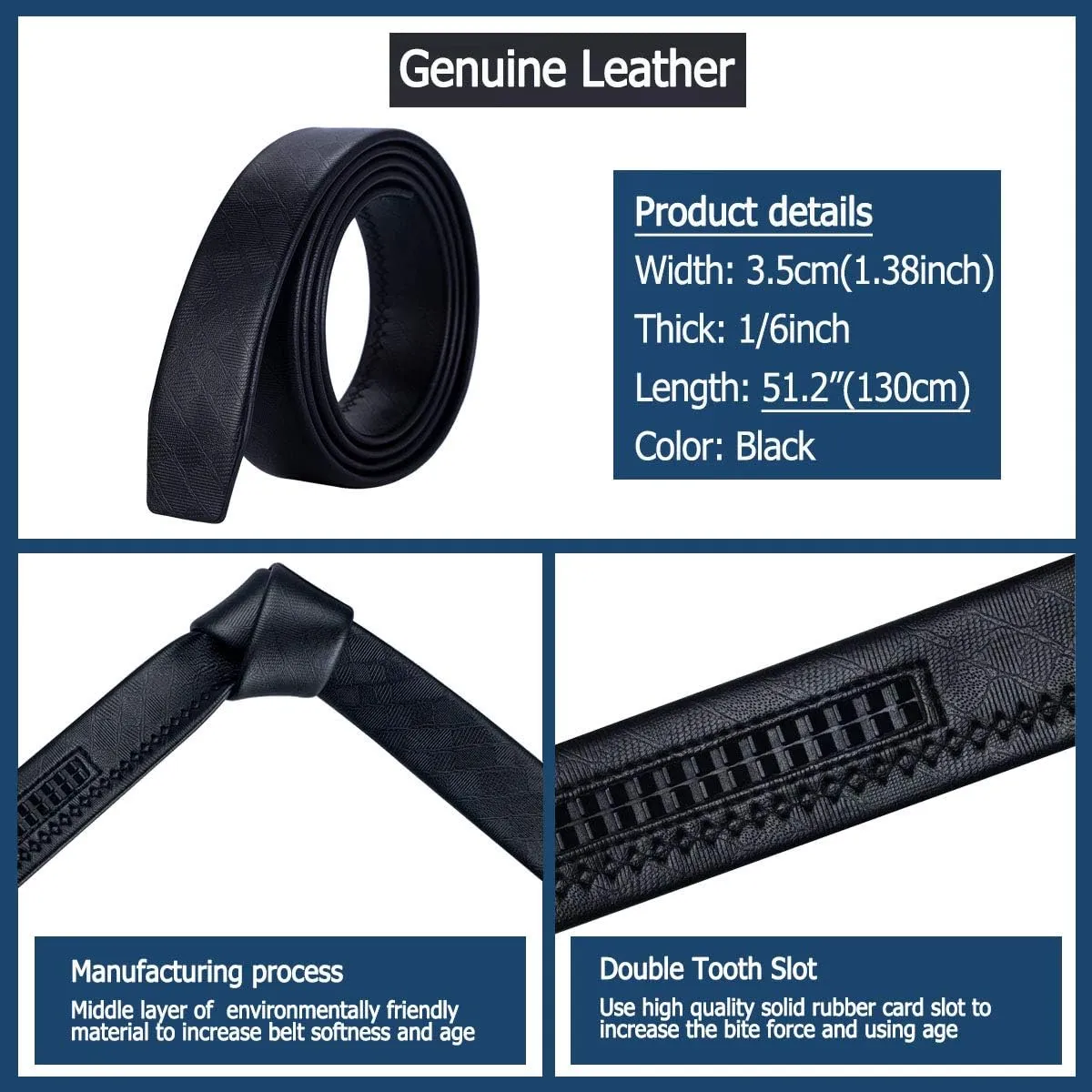 Barry.Wang Black Belt Men Genuine Leather Ratchet Automatic Buckle Belts 1 3/8" Strap Wedding Business Party Trim to Fit