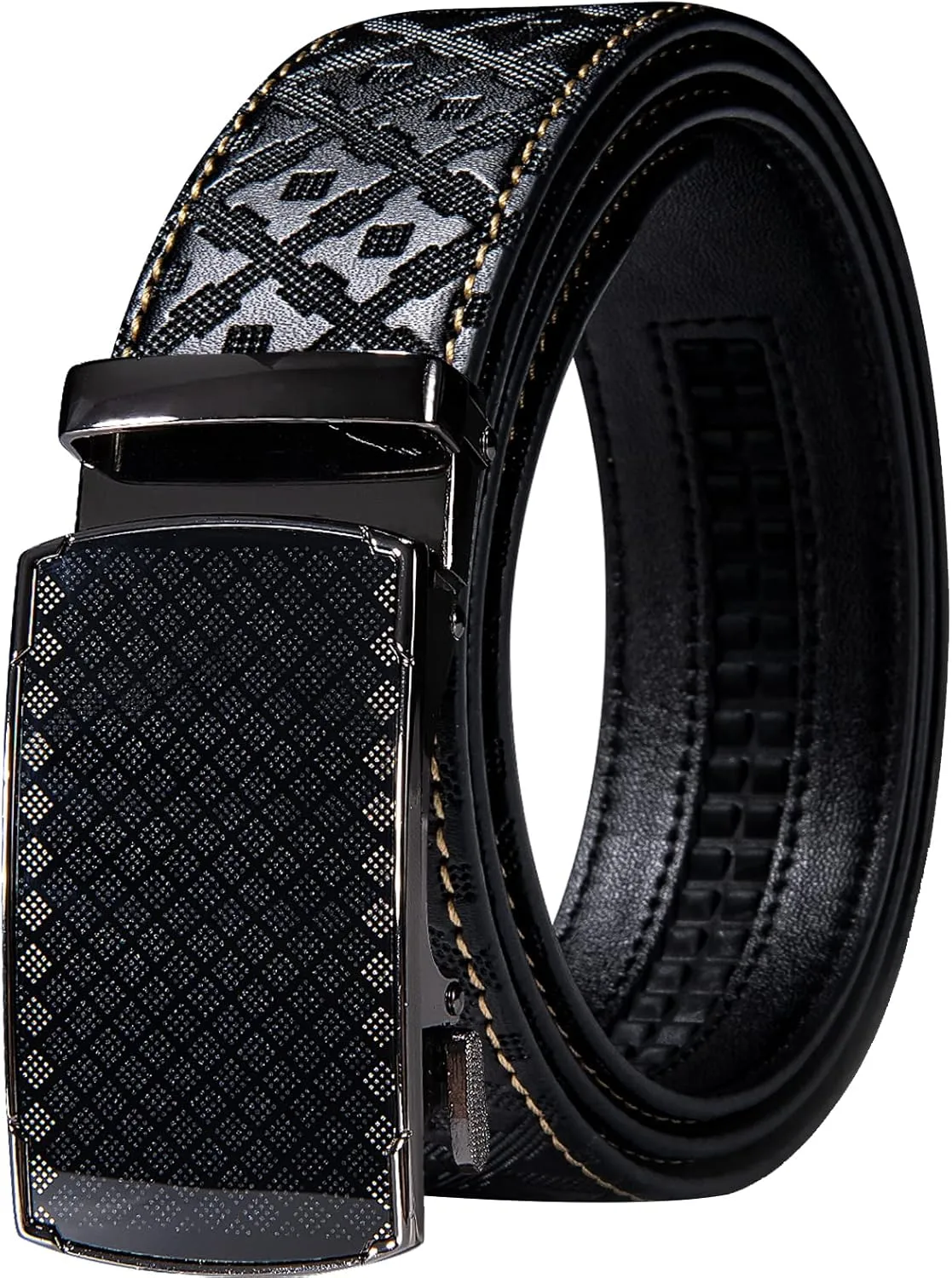 Barry.Wang Black Belt Men Genuine Leather Ratchet Automatic Buckle Belts 1 3/8" Strap Wedding Business Party Trim to Fit