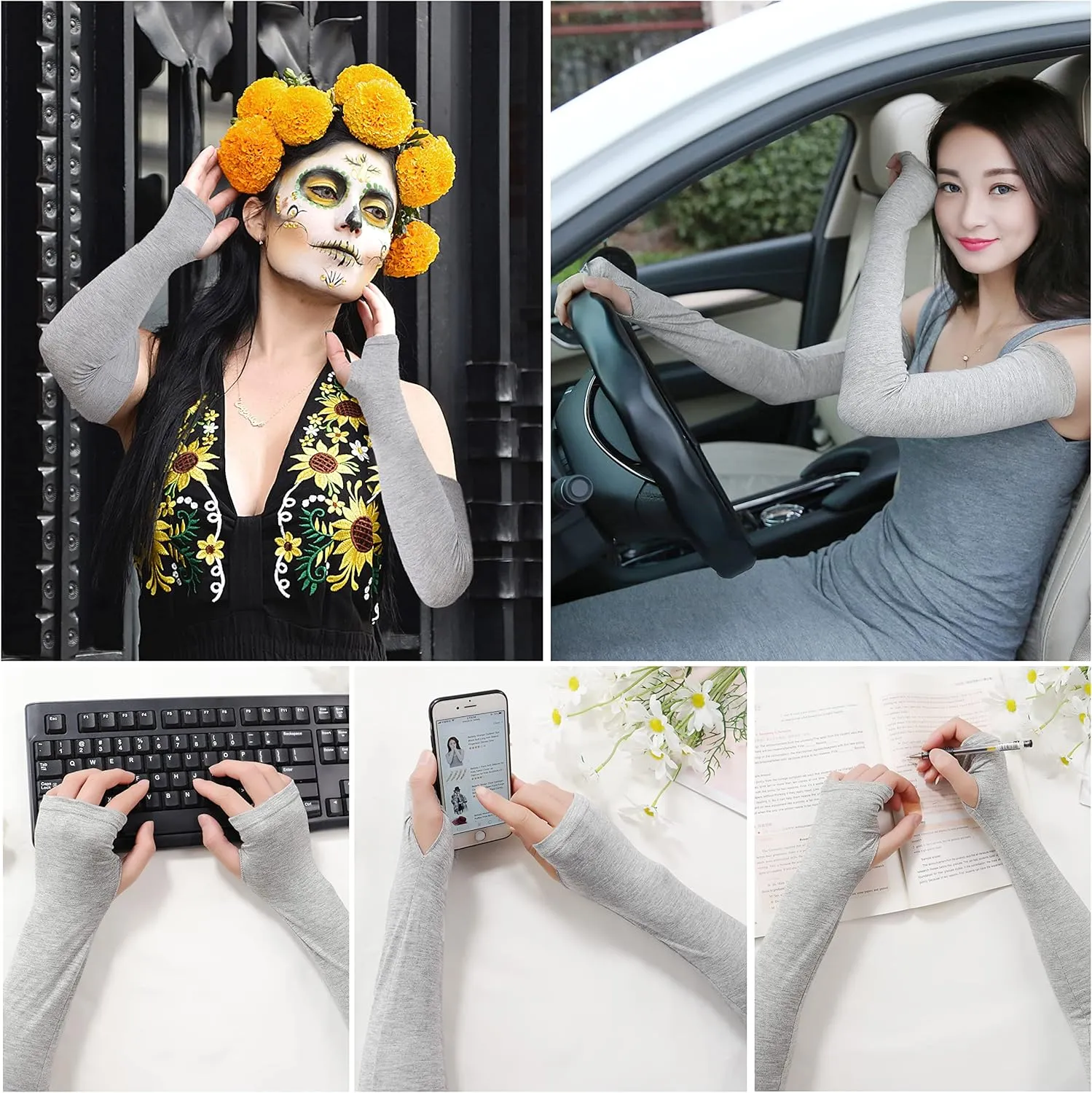 Bellady Women Outdoor Sun Block Soft Long Arm Sleeves Fingerless Gloves