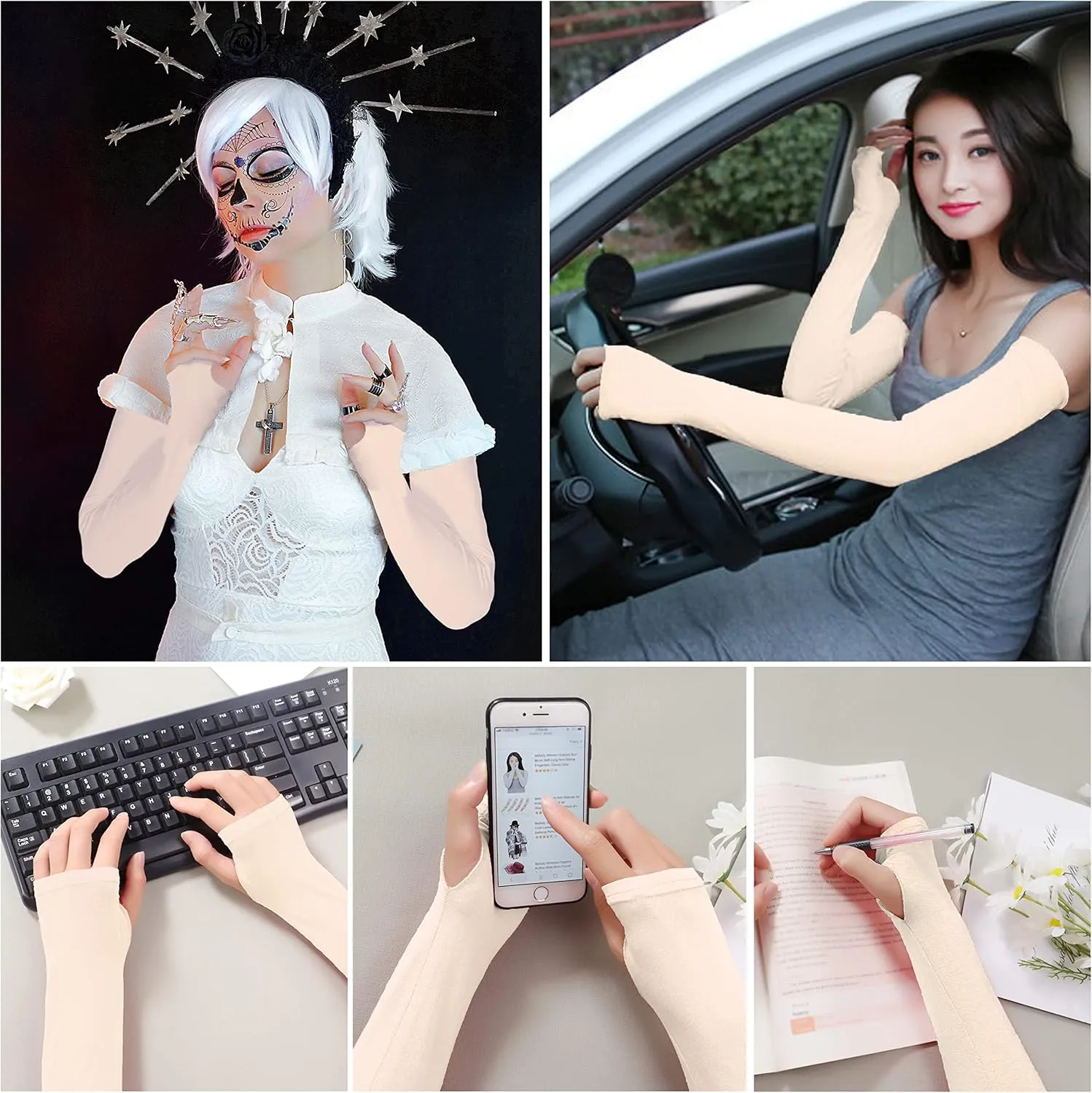 Bellady Women Outdoor Sun Block Soft Long Arm Sleeves Fingerless Gloves