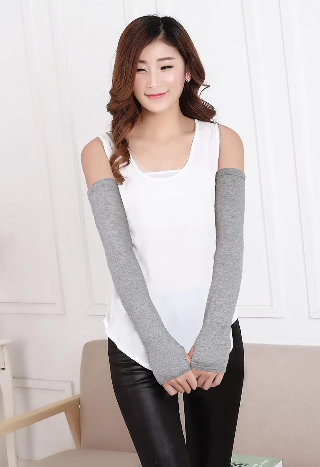 Bellady Women Outdoor Sun Block Soft Long Arm Sleeves Fingerless Gloves