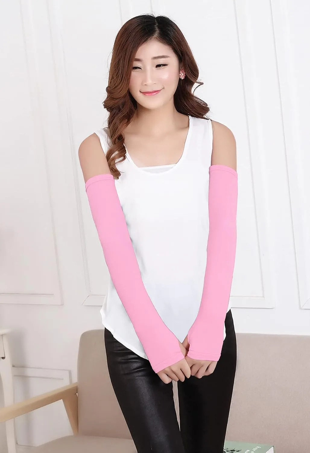 Bellady Women Outdoor Sun Block Soft Long Arm Sleeves Fingerless Gloves