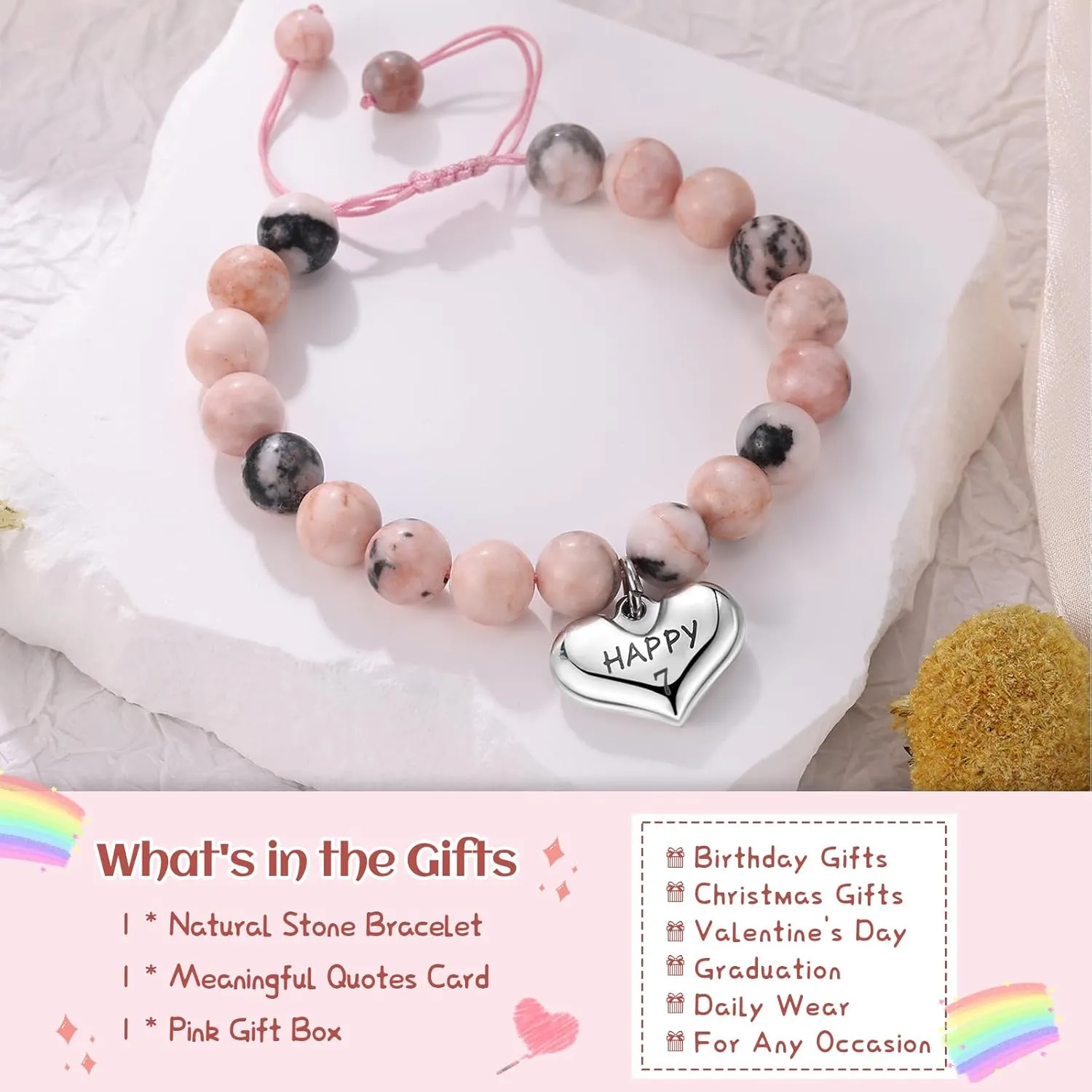 Birthday Gifts for 4-12 Years Old Girls - Natural Stone Heart Charm Bracelets