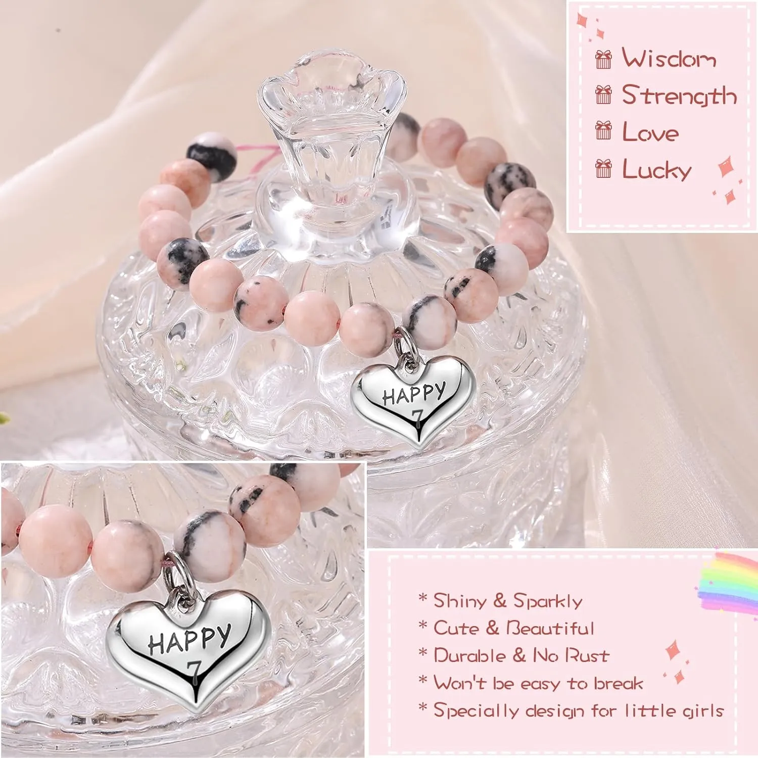 Birthday Gifts for 4-12 Years Old Girls - Natural Stone Heart Charm Bracelets