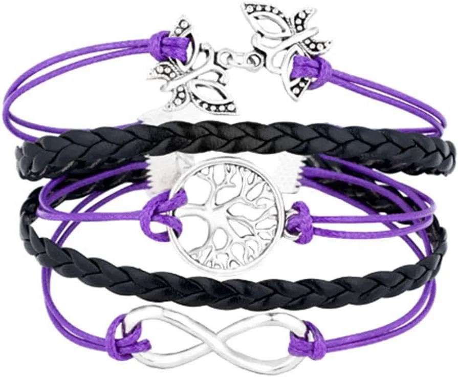 Black Leather Wrap Multilayer Crystal Charm Family Tree Infinity Butterfly Braided Rope Bracelet