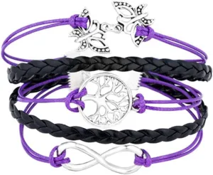 Black Leather Wrap Multilayer Crystal Charm Family Tree Infinity Butterfly Braided Rope Bracelet