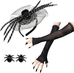 BleSky Halloween Headband Spider Headdress Spider Lace Glove Spider Earring Set Festival Headpiece Cosplay Devil Headband Halloween Party Head Piece