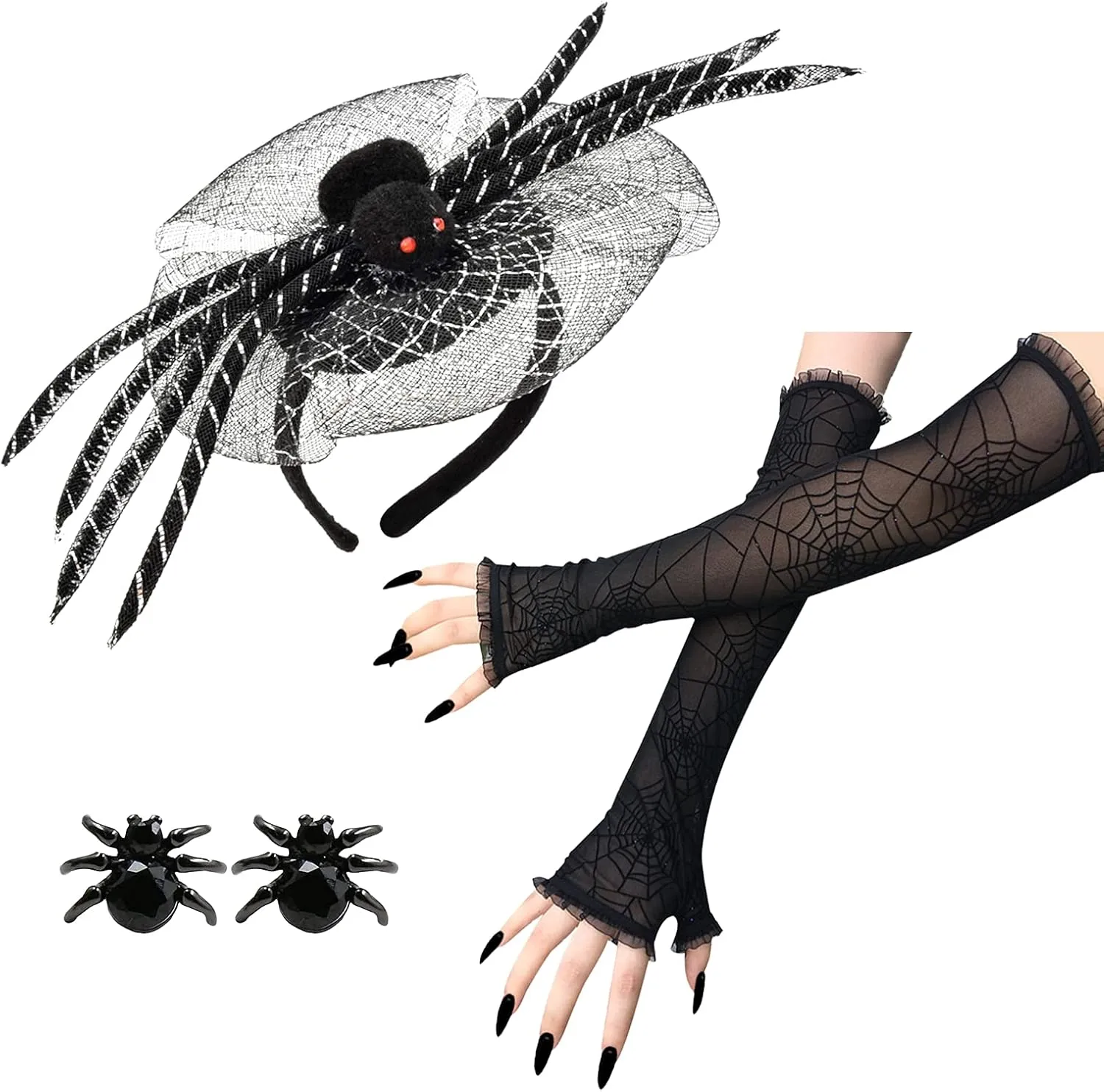 BleSky Halloween Headband Spider Headdress Spider Lace Glove Spider Earring Set Festival Headpiece Cosplay Devil Headband Halloween Party Head Piece