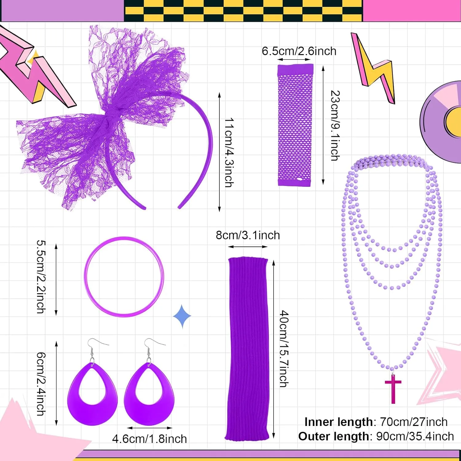 Blulu 6 Pcs 80s Accessories for Women Fancy Costume Neon Lace Headband Earrings Fishnet Gloves Necklace Bracelet