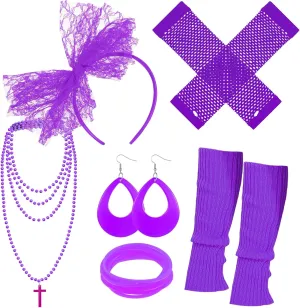 Blulu 6 Pcs 80s Accessories for Women Fancy Costume Neon Lace Headband Earrings Fishnet Gloves Necklace Bracelet