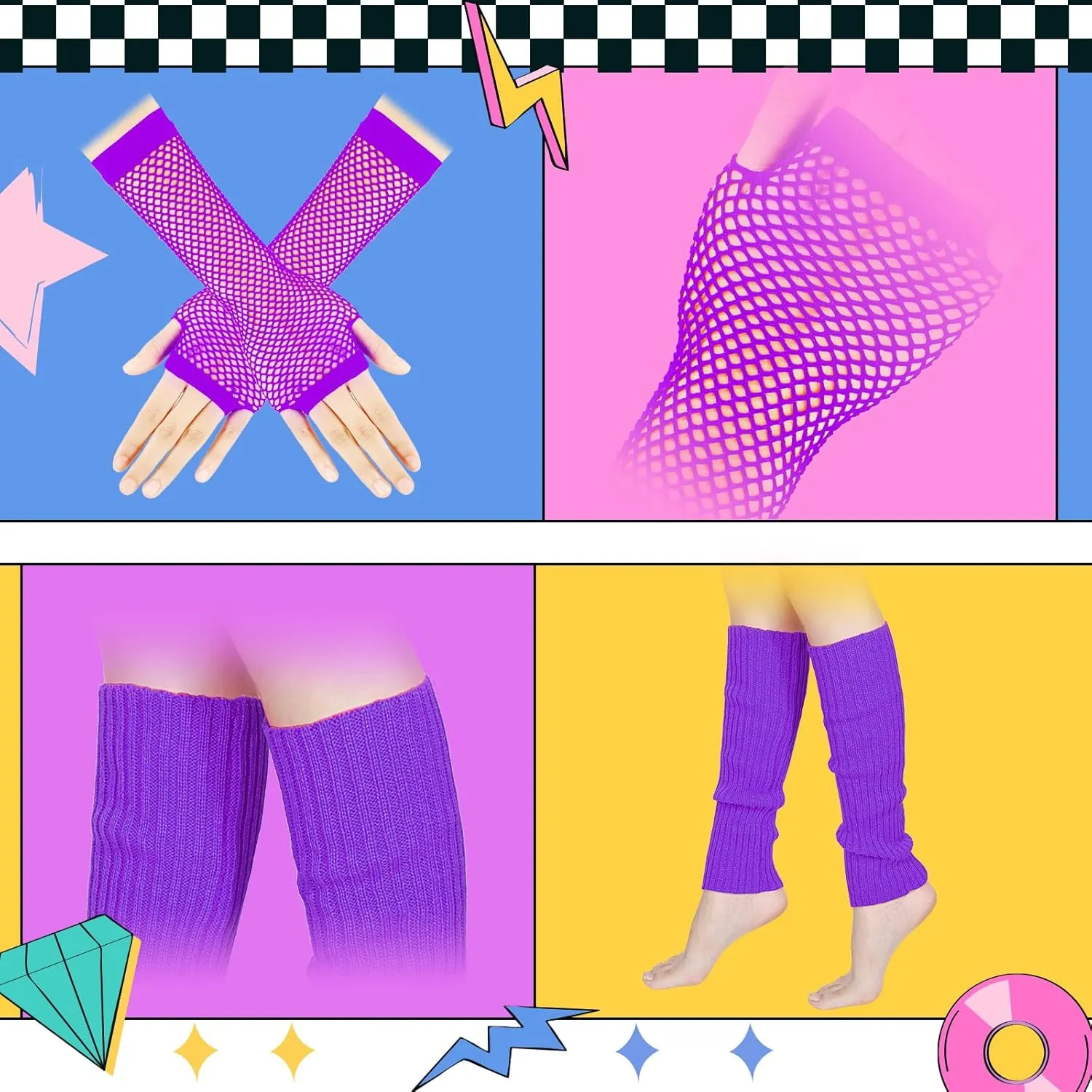 Blulu 6 Pcs 80s Accessories for Women Fancy Costume Neon Lace Headband Earrings Fishnet Gloves Necklace Bracelet
